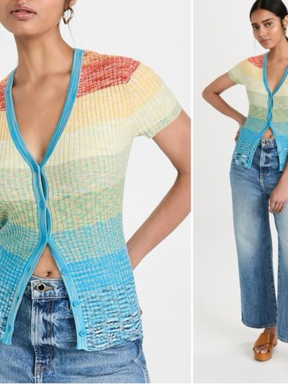 STAUD Rainbow Dopamine Maximalist Short Sleeved Button Cargo Sweater Top M